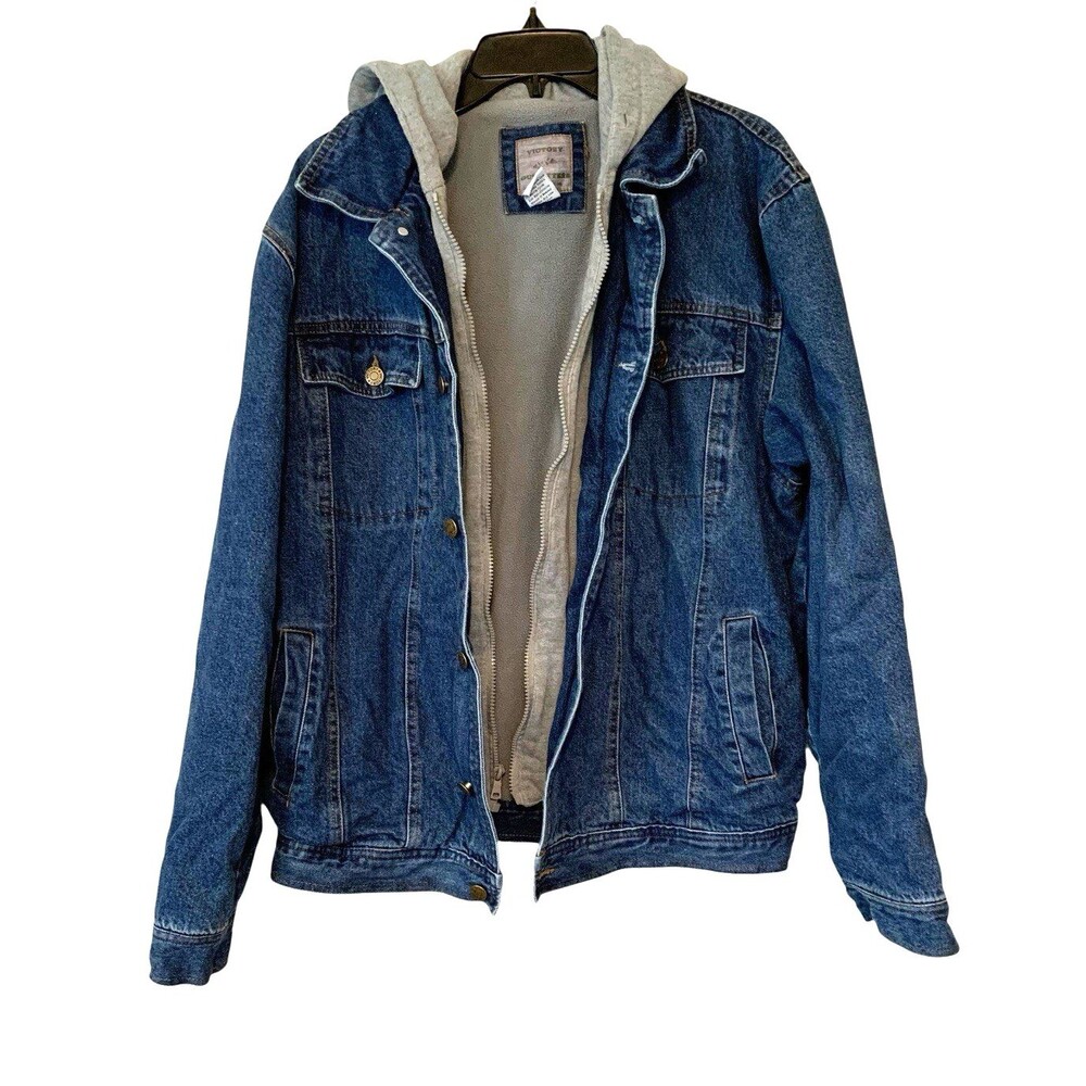 Victory Outfitters Men's Lg  2-in-1 Hooded Fleece Lined Sweatshirt Denim Jacket